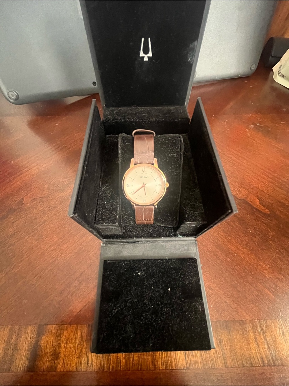 Bulova Women’s Brown Leather Strap Watch - Rose Gold Dial & 3 diamonds on face.